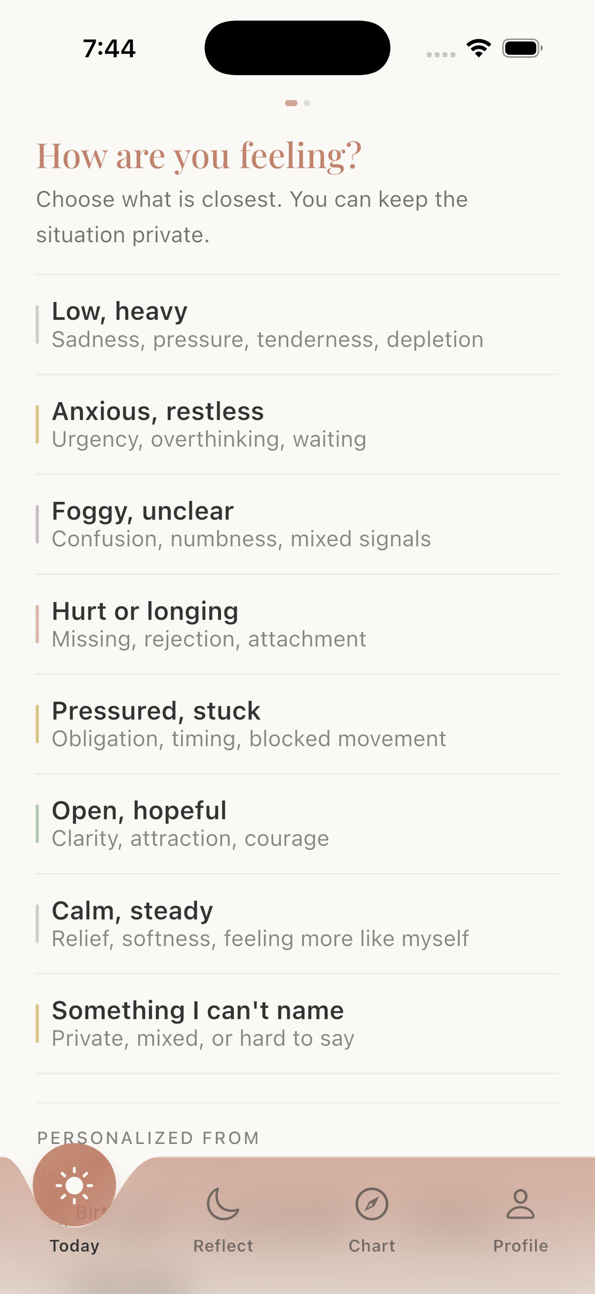 Cosmicly mobile interface asking the user how they are feeling.