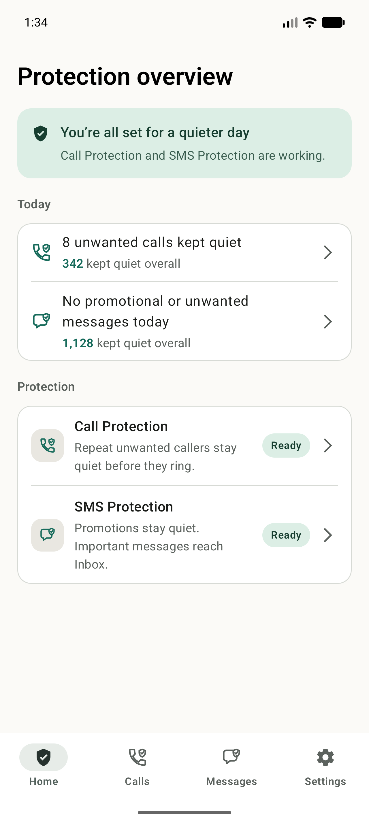 NoRing protection overview showing call and SMS protection status.
