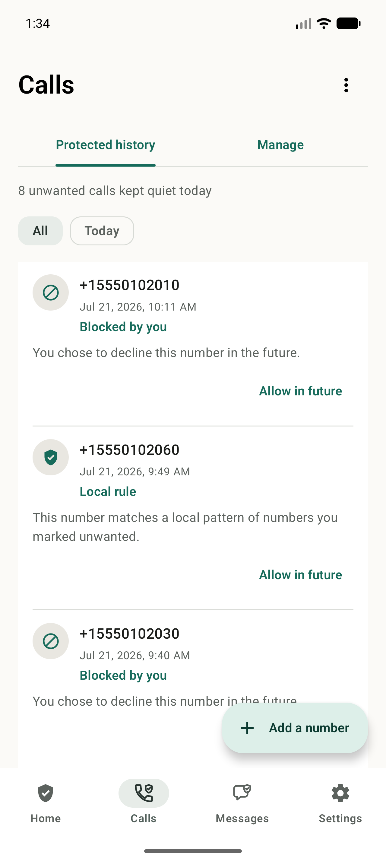 NoRing call history showing the reason behind each local decision.