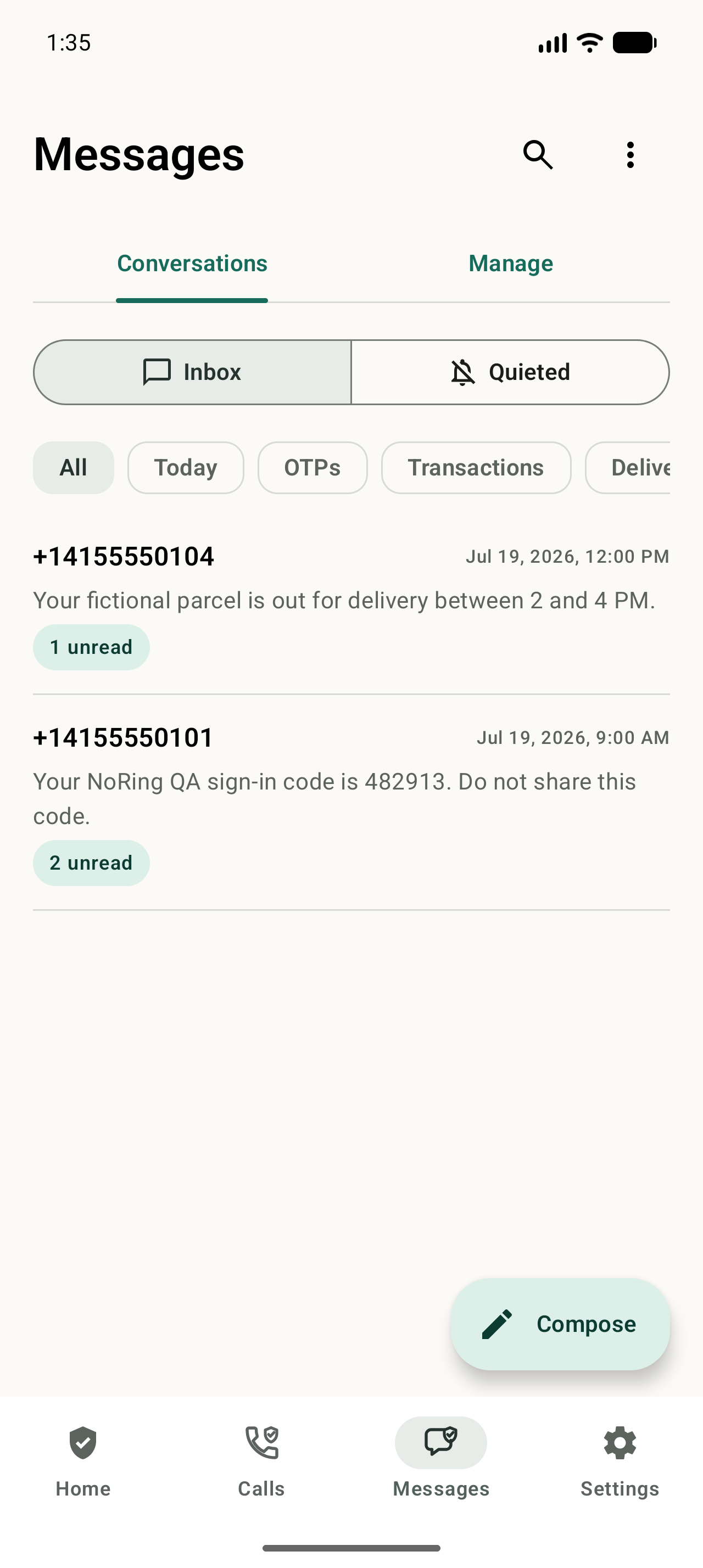 NoRing messages interface with inbox and quieted views.