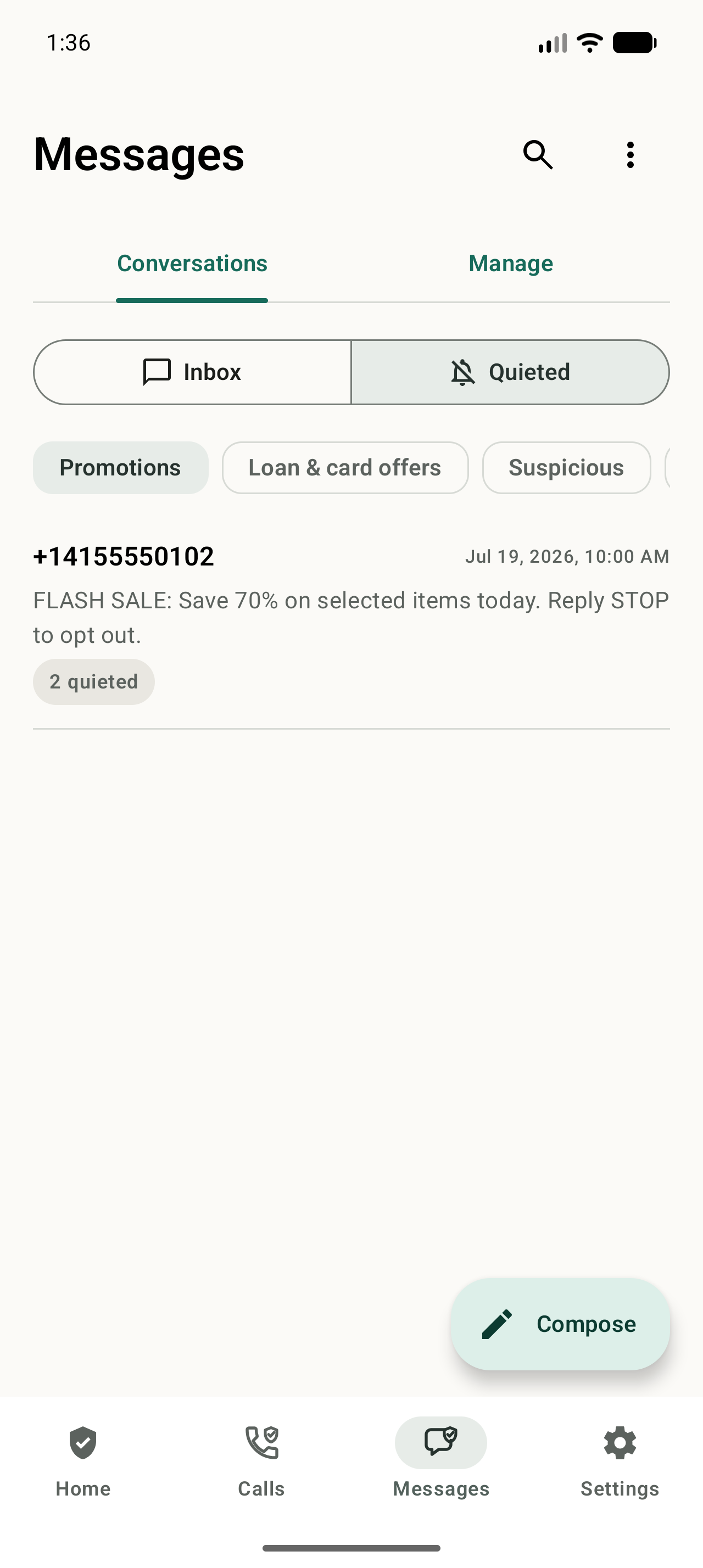 NoRing SMS Protection showing promotional conversations in Quieted.