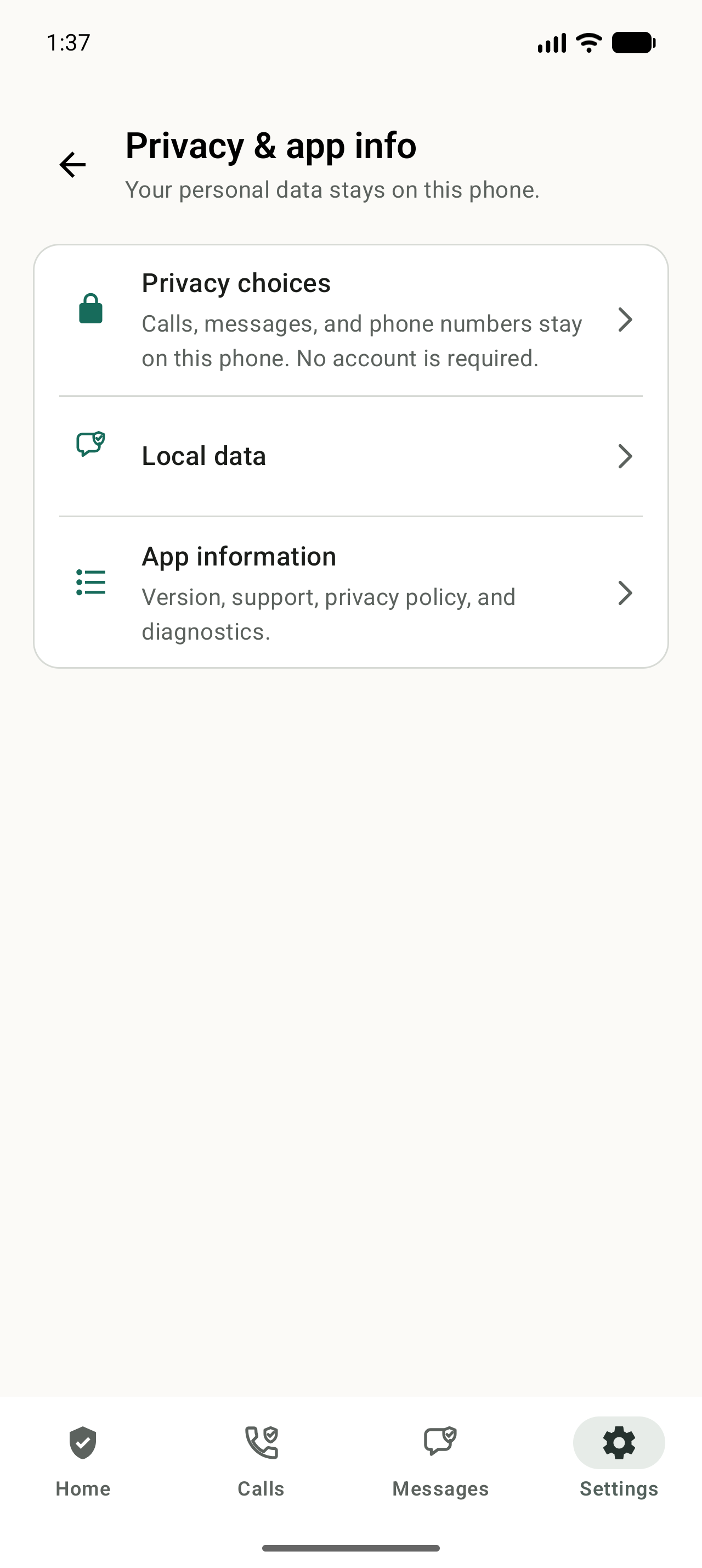 NoRing privacy screen stating that calls, messages, and phone numbers remain on the phone.
